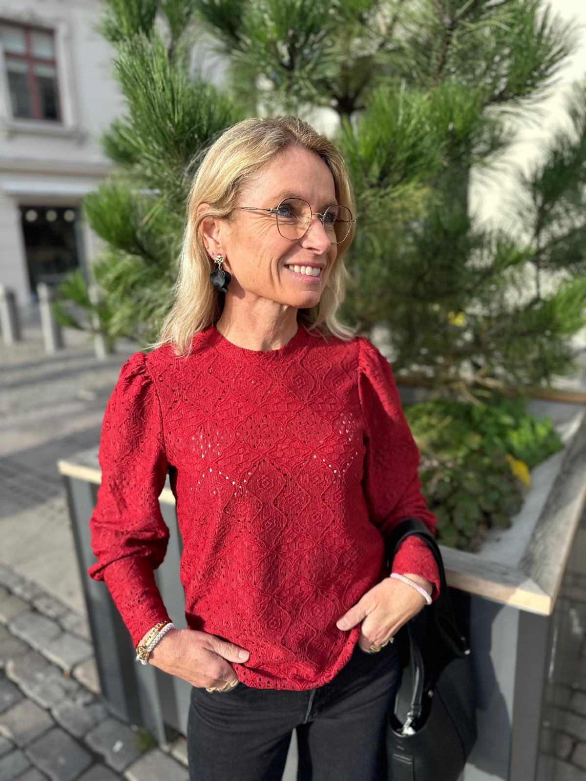 Objfeodora Long Sleeve Top Red Dahlia Col