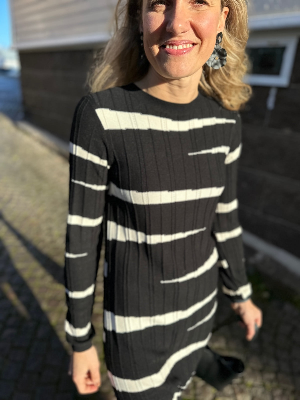 Objmaren Knit Re Long Sleeve Dress Black White Sand