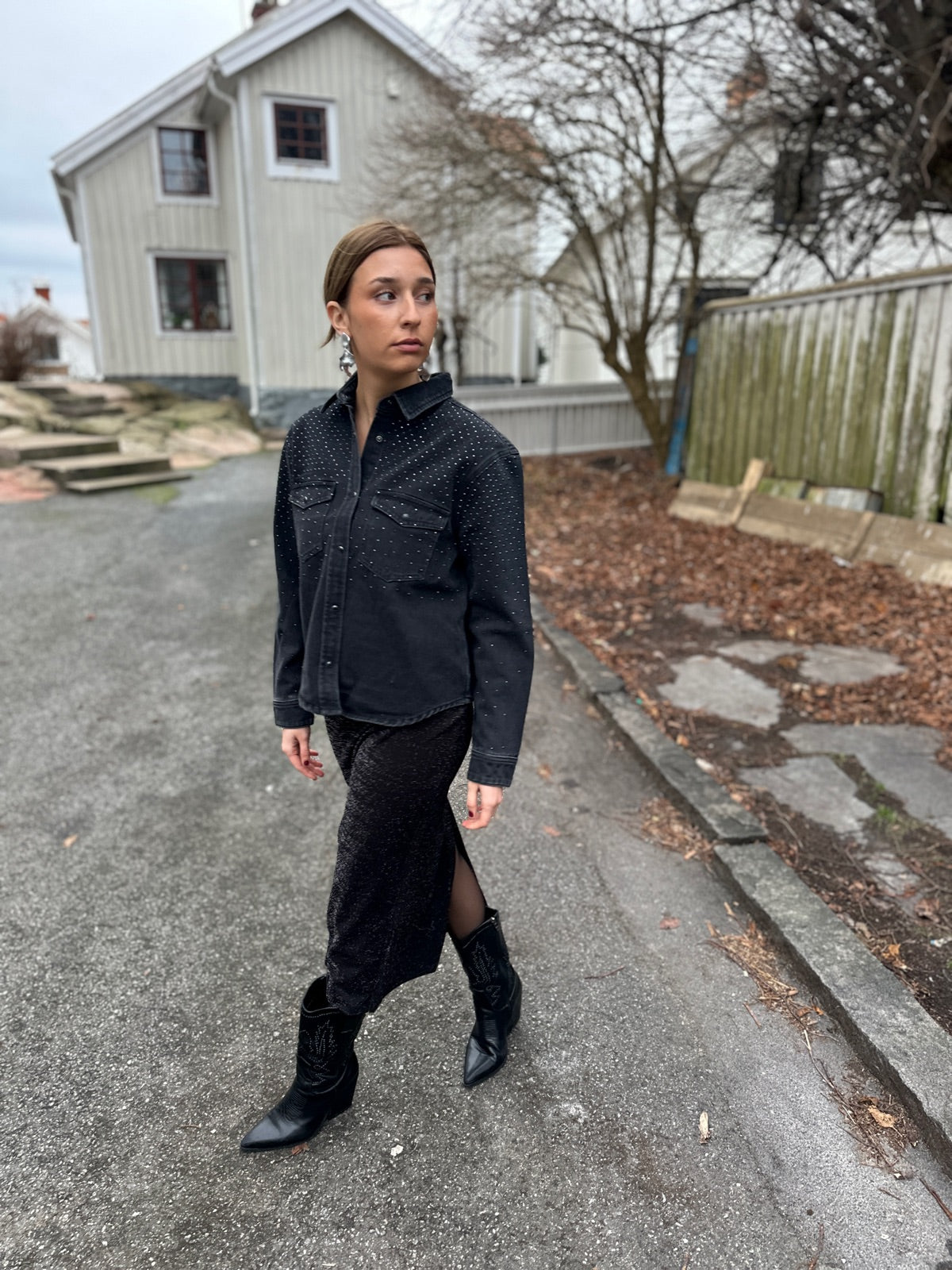 Onlalya Long Pencil Slit Glit Skirt Black Silver Glitter