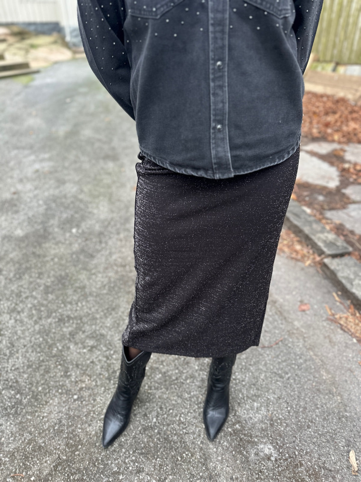 Onlalya Long Pencil Slit Glit Skirt Black Silver Glitter