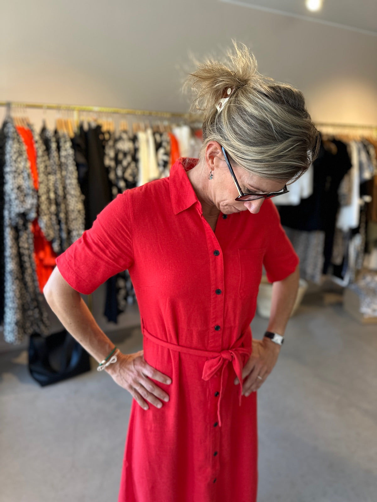 Onlcaro Short Sleeve Linen Bl Belt Dress Mars Red