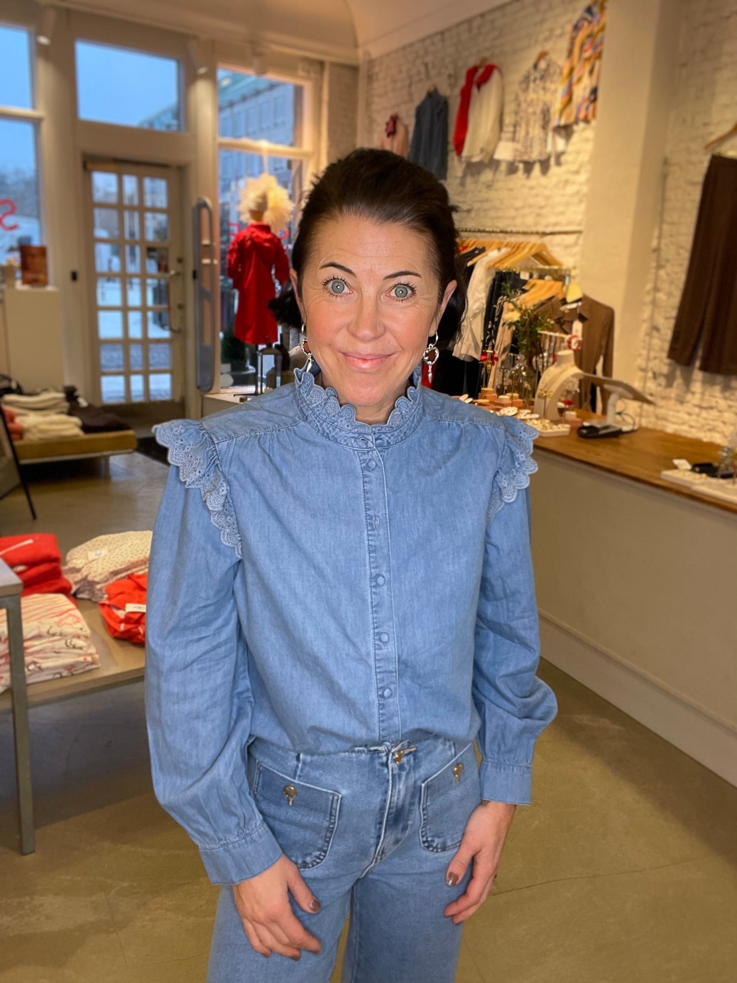 Onlpiper Long Sleeve Emb Frill Shirt Medium Blue Denim