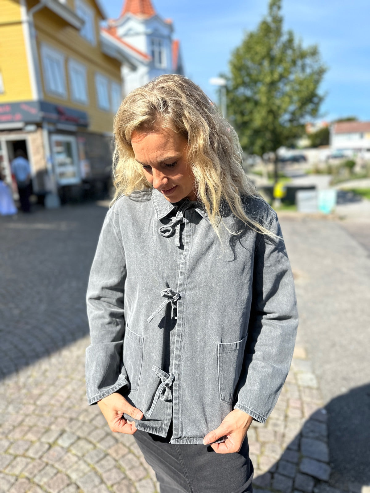 Onlthille Long Sleeve Tie Jacket Gua Medium Grey Denim