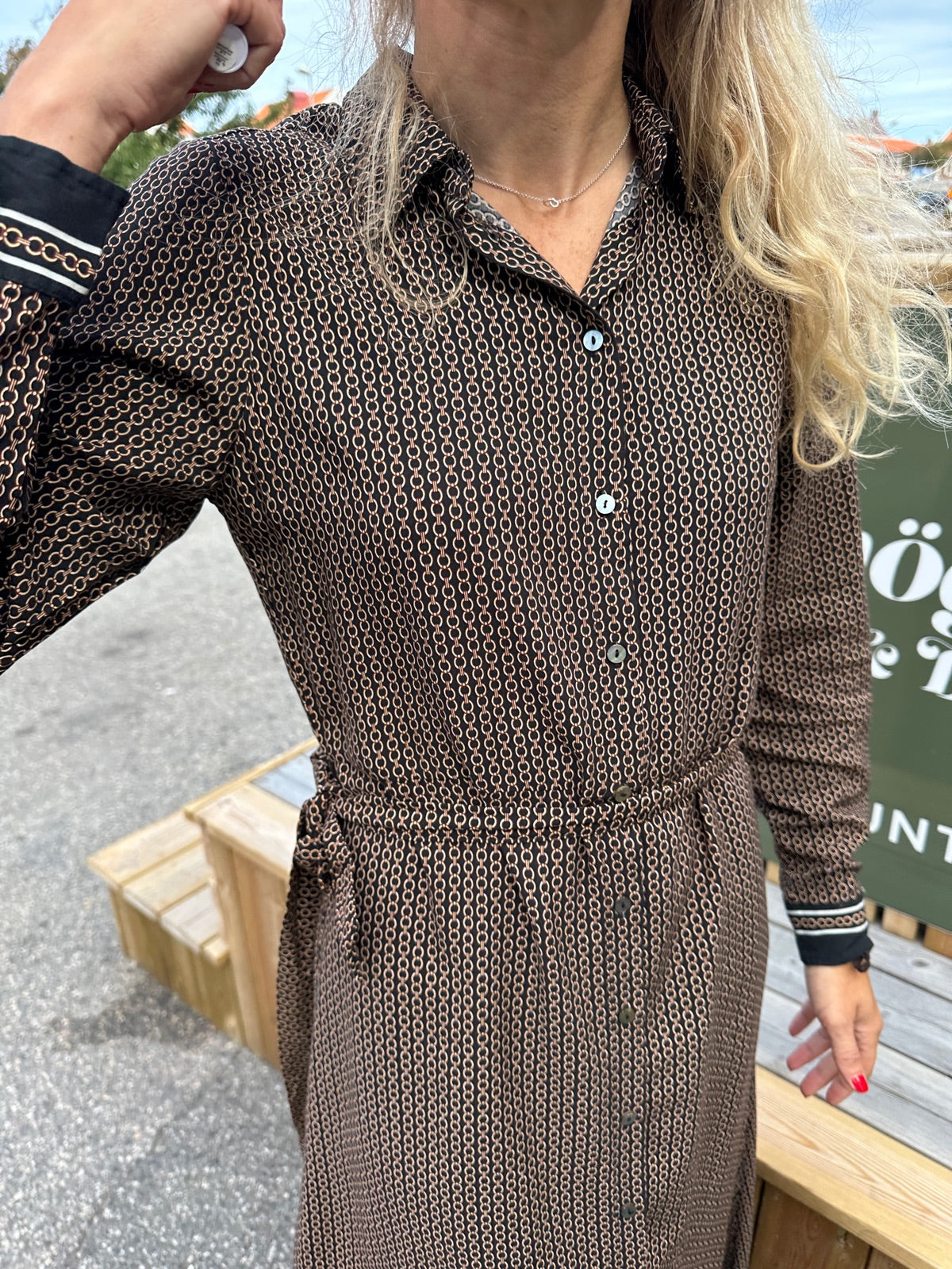 Onlveda Border Long Sleeve Long Dress Black Border Chain