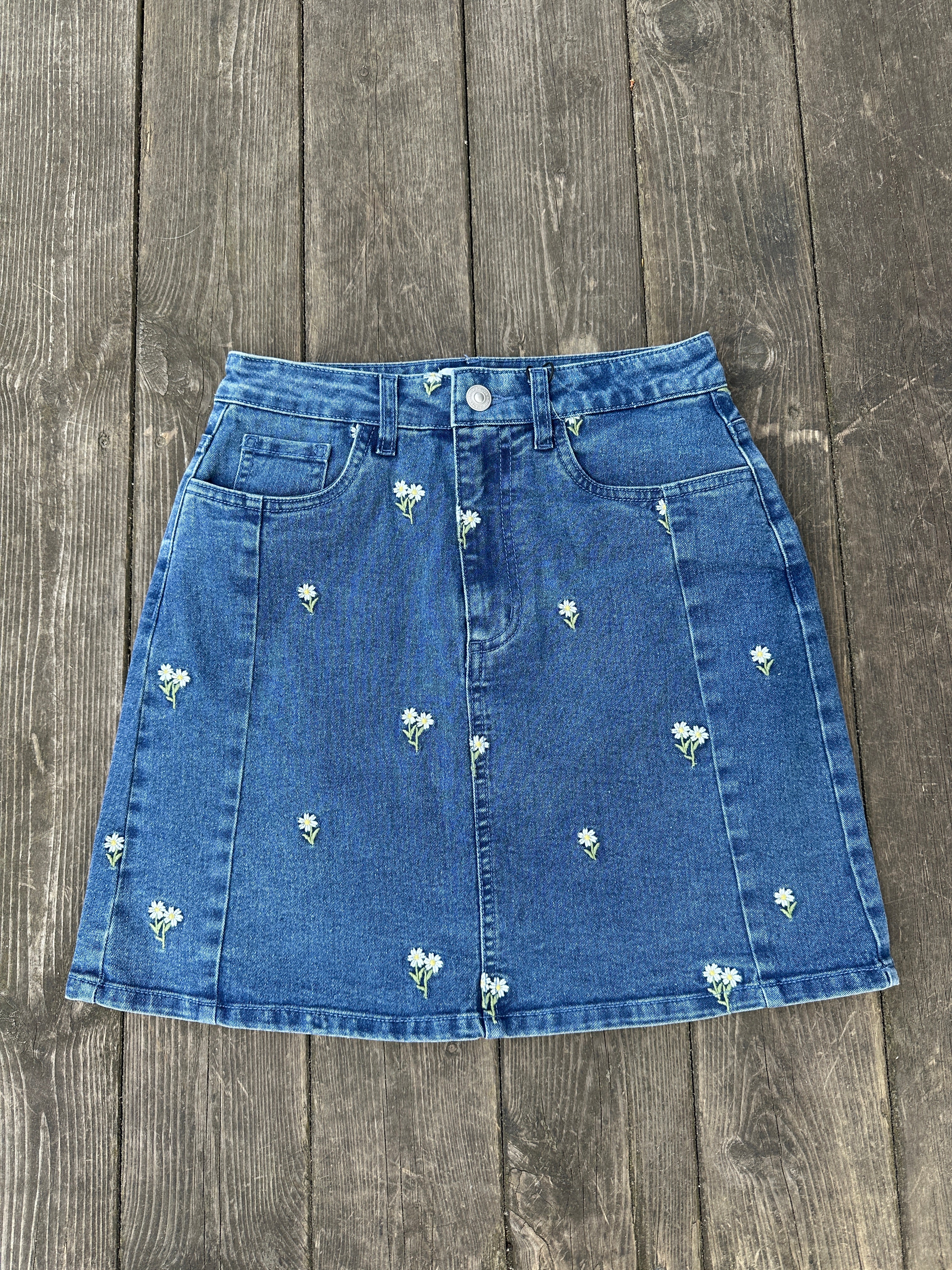 Pcflora Denim Skirt Medium Blue White Flower Embroidery