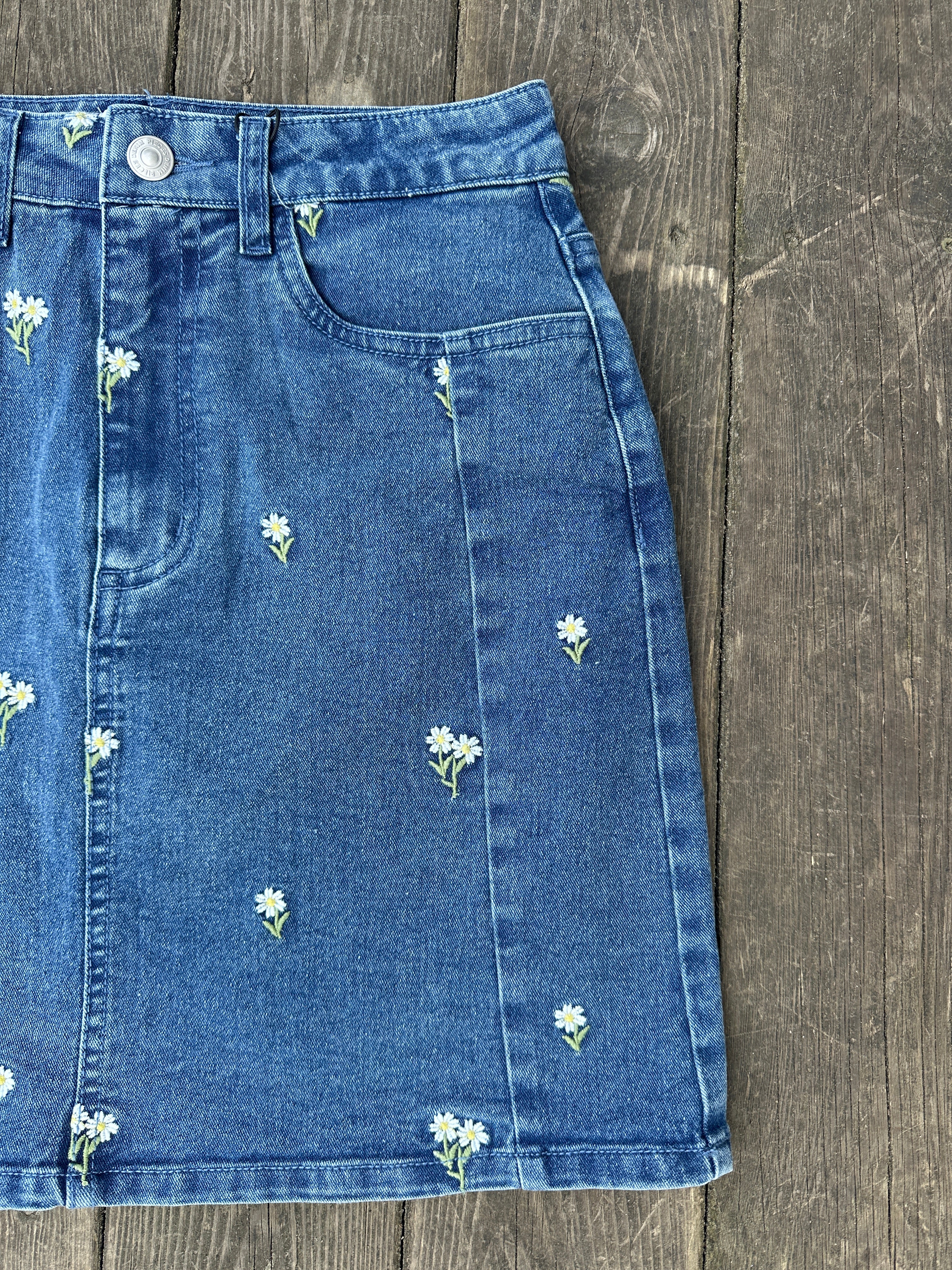 Pcflora Denim Skirt Medium Blue White Flower Embroidery