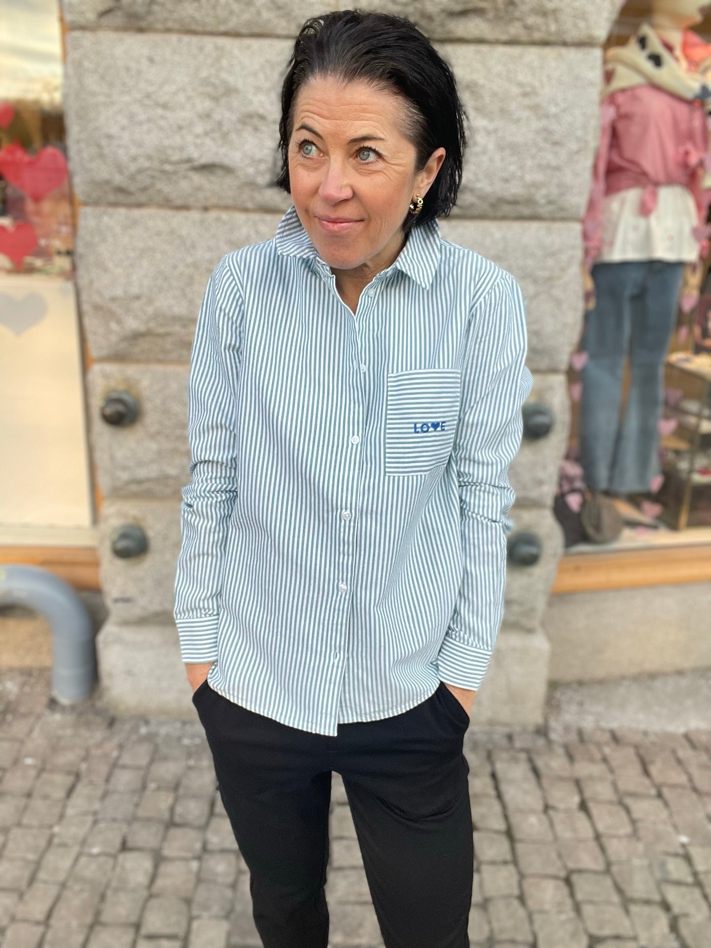 Pcirene Long Sleeve Pocket Shirt Bright White Aventurine  Amour Emb In Lapis Blue