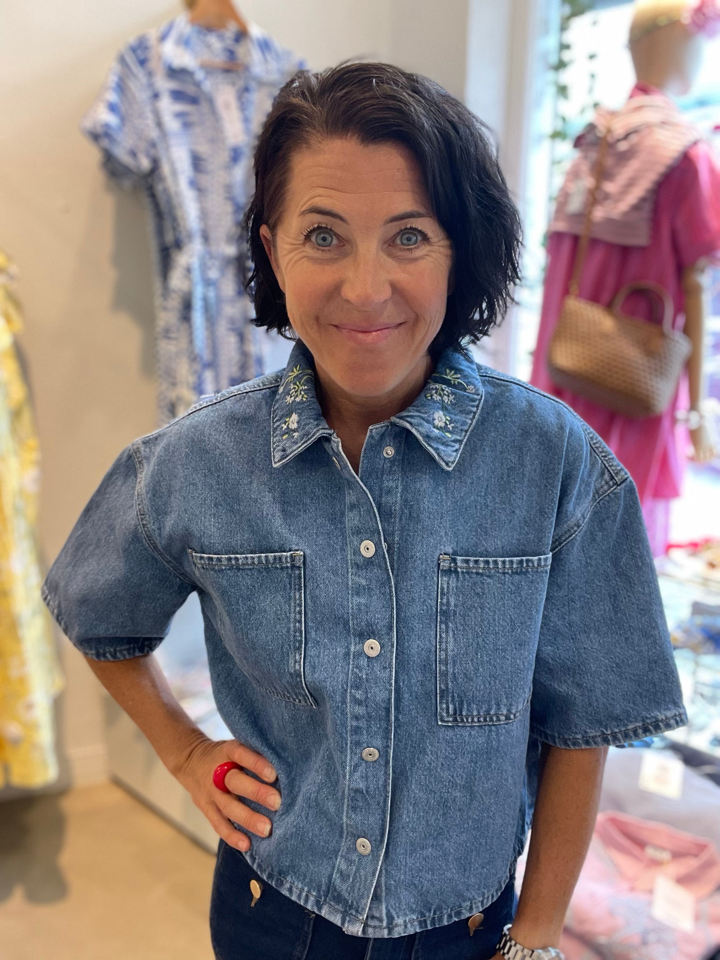 Pcsky Denim Shirt Medium Blue Flower Embroidery