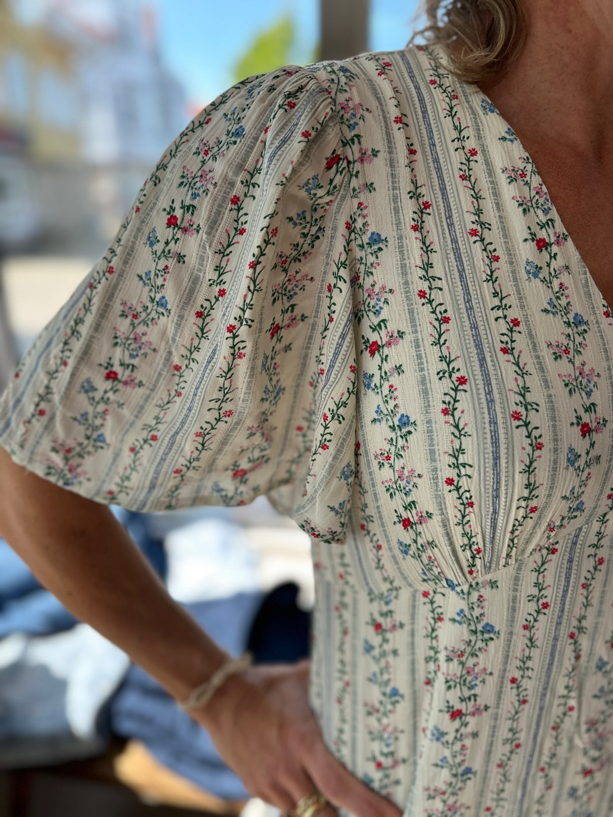 Pctaitlyn Short Sleeve V Neck Midi Dress Birch Striped Flower