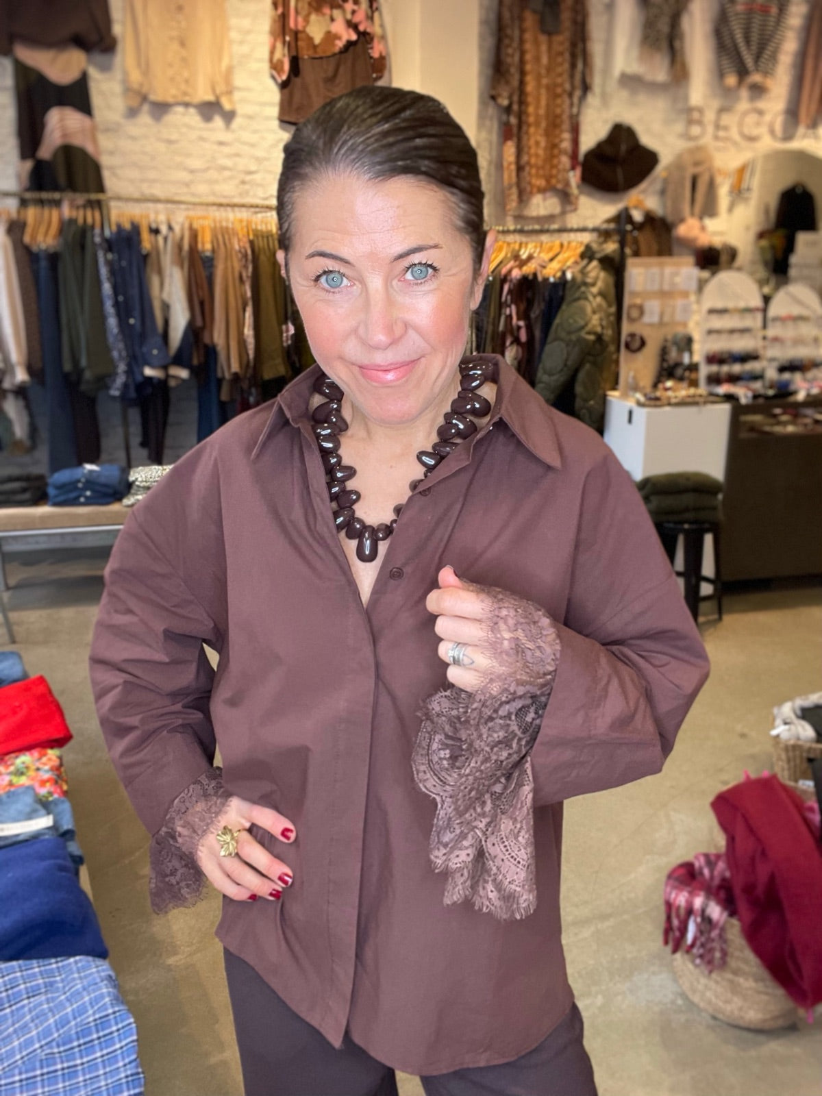 Shirt W Lace Marron