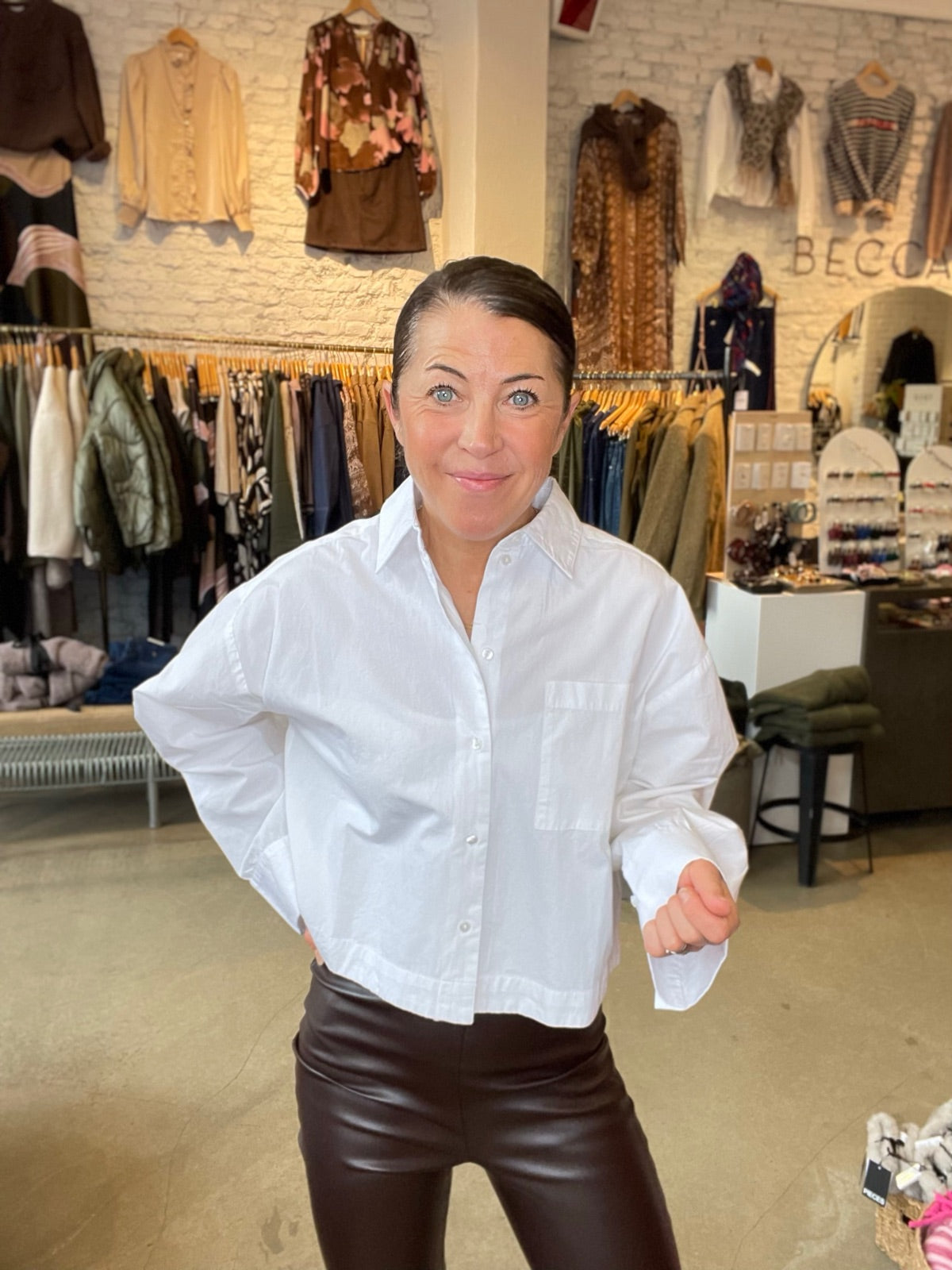 Slfastha Long Sleeve Cropped Boxy Shirt Bright White