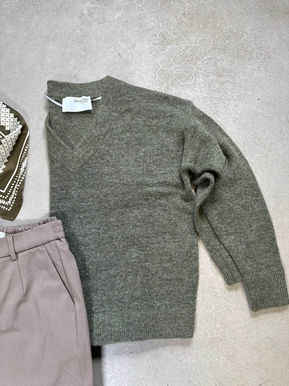 Slfmaline Long Sleeve Knit V Neck Dusky Green Melange