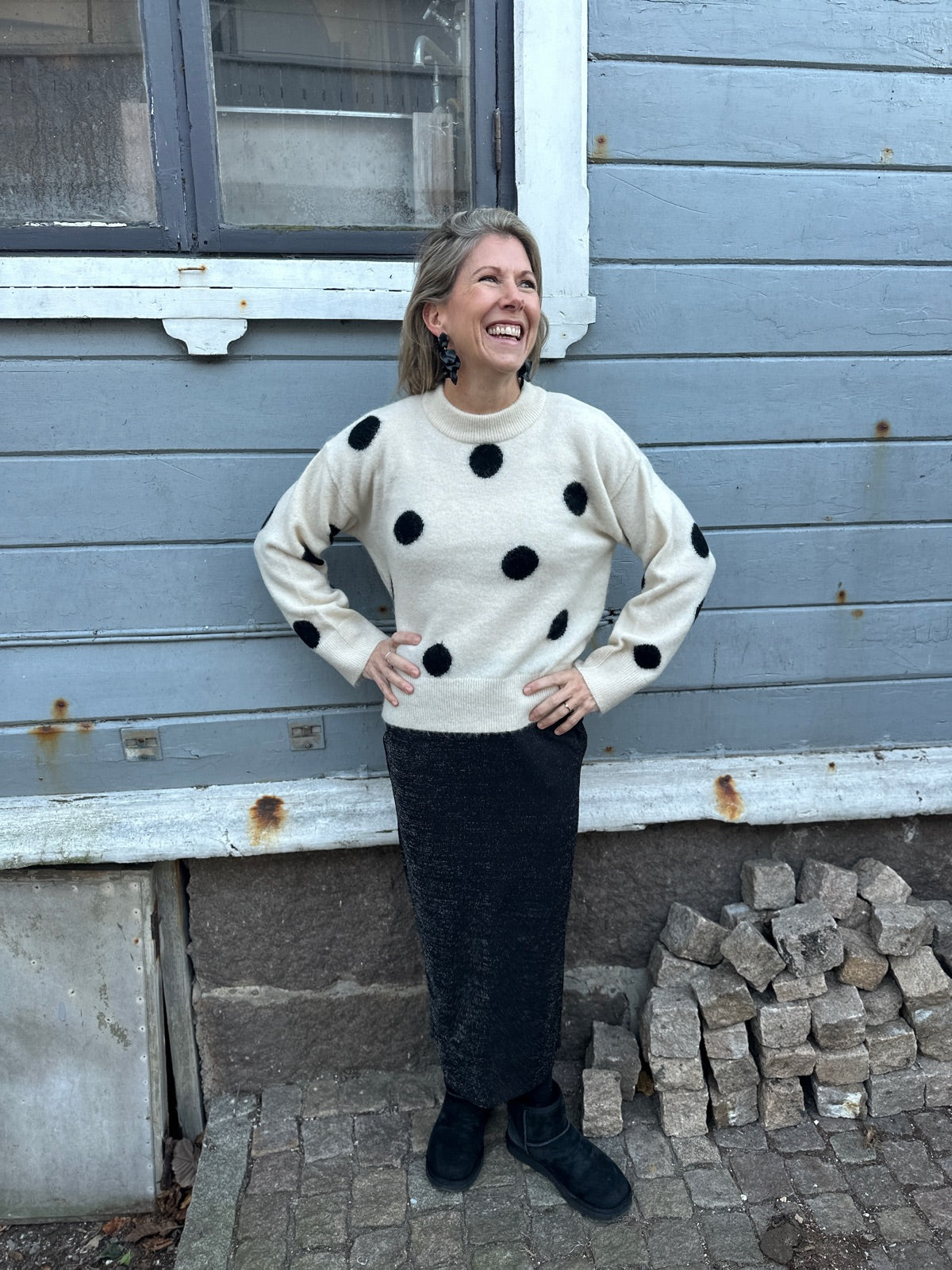 Slfsif Long Sleeve Dot Knit O Neck Birch Black