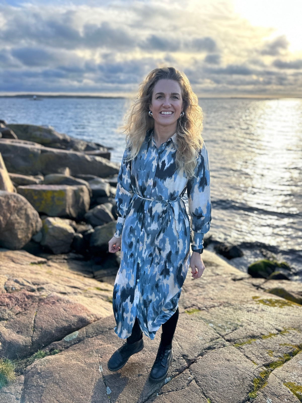 Viagnes Long Sleeve Mid Calf Shirt Dress Feather Gray Blue