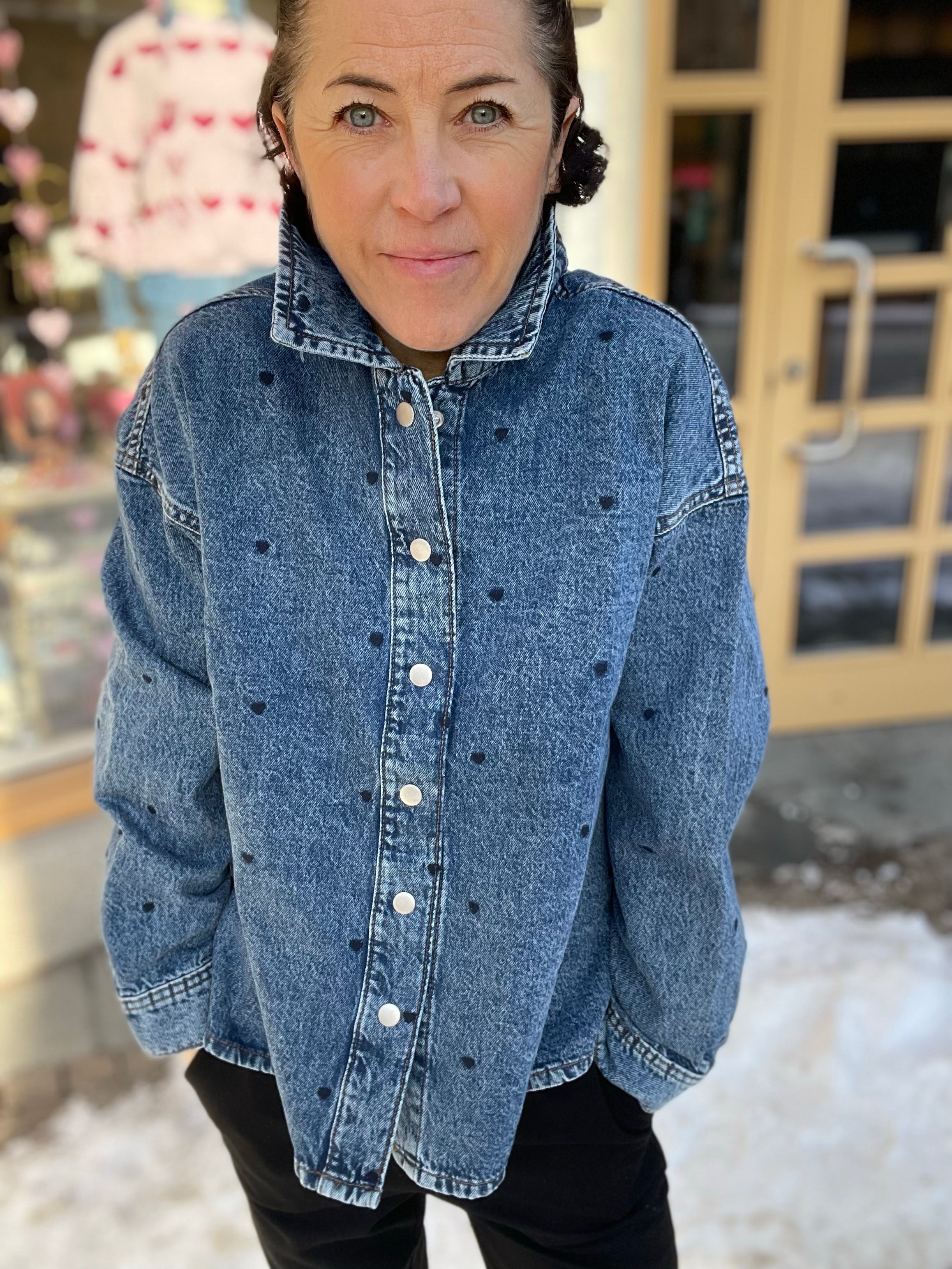 Vicreek Long Sleeve Denim Heart Emb Shirt Medium Blue Denim Heart Emb