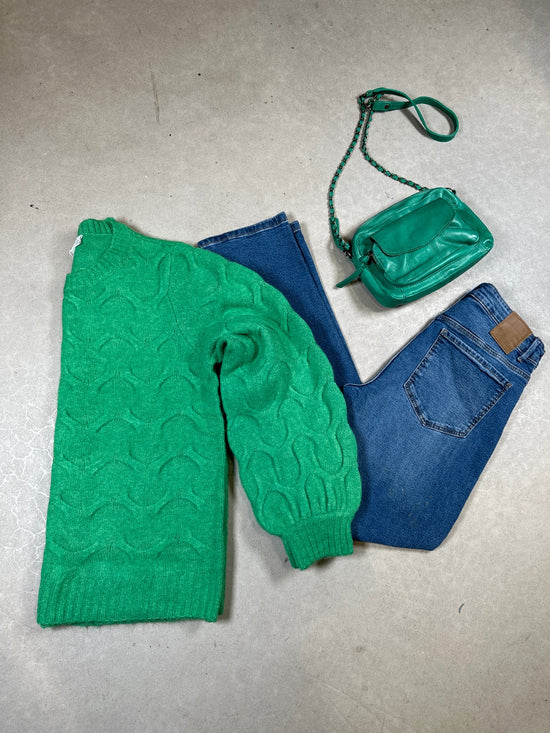 Viella New Long Sleeve O Neck Cable Knit Top Bright Green Melange