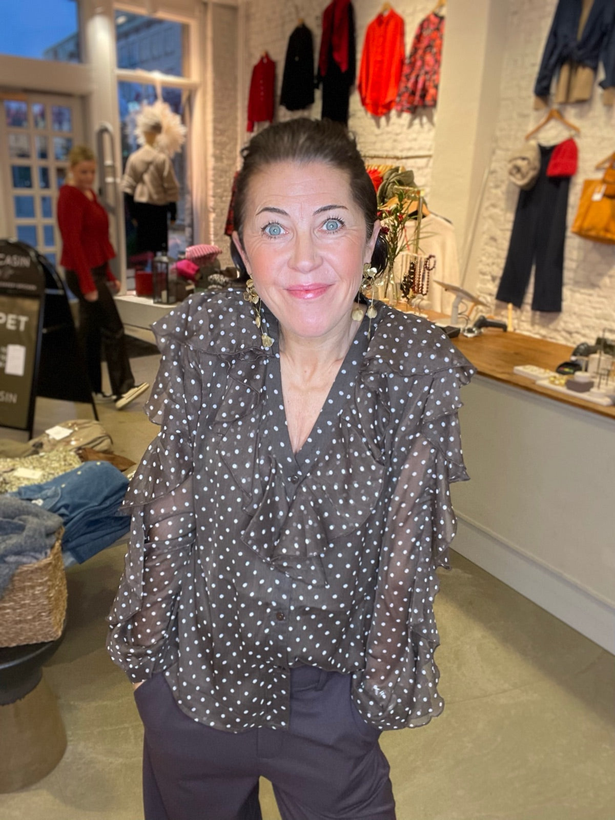 Viharley Long Sleeve Top Chocolate Brown White Dots