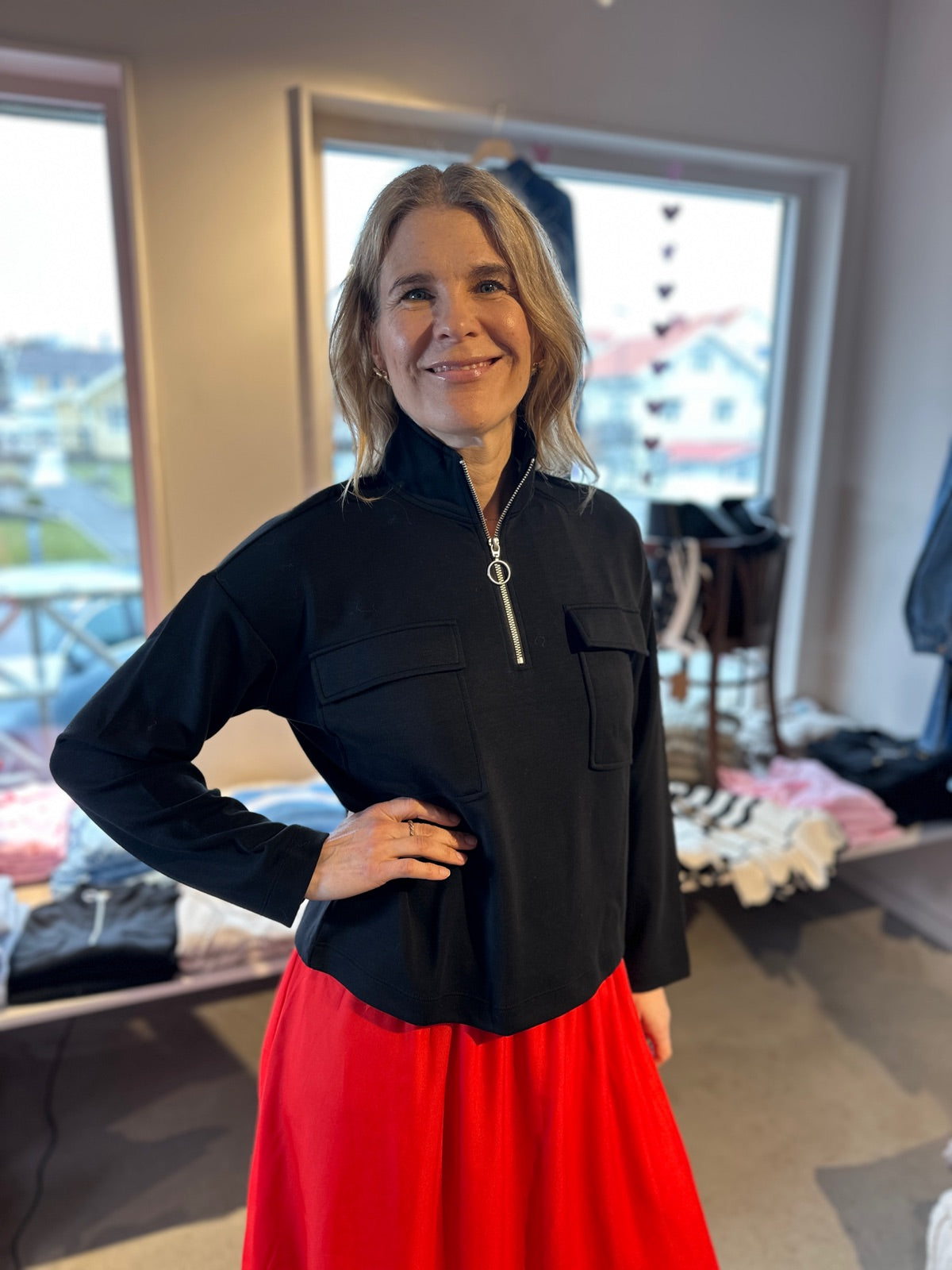 Vikarena Zipper High Neck Long Sleeve Top Black Beauty