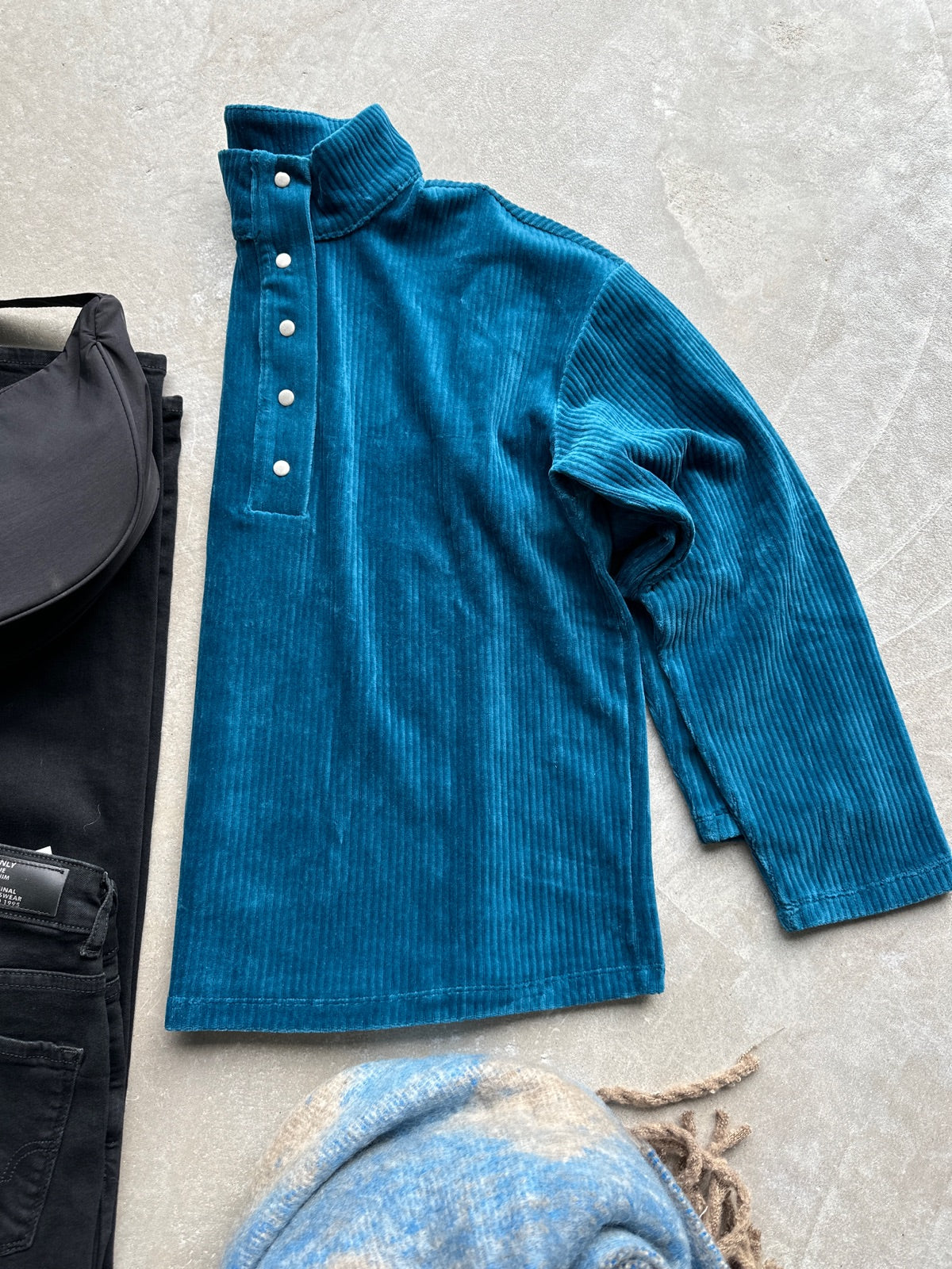 Vikita High Neck Long Sleeve Button Top Moroccan Blue