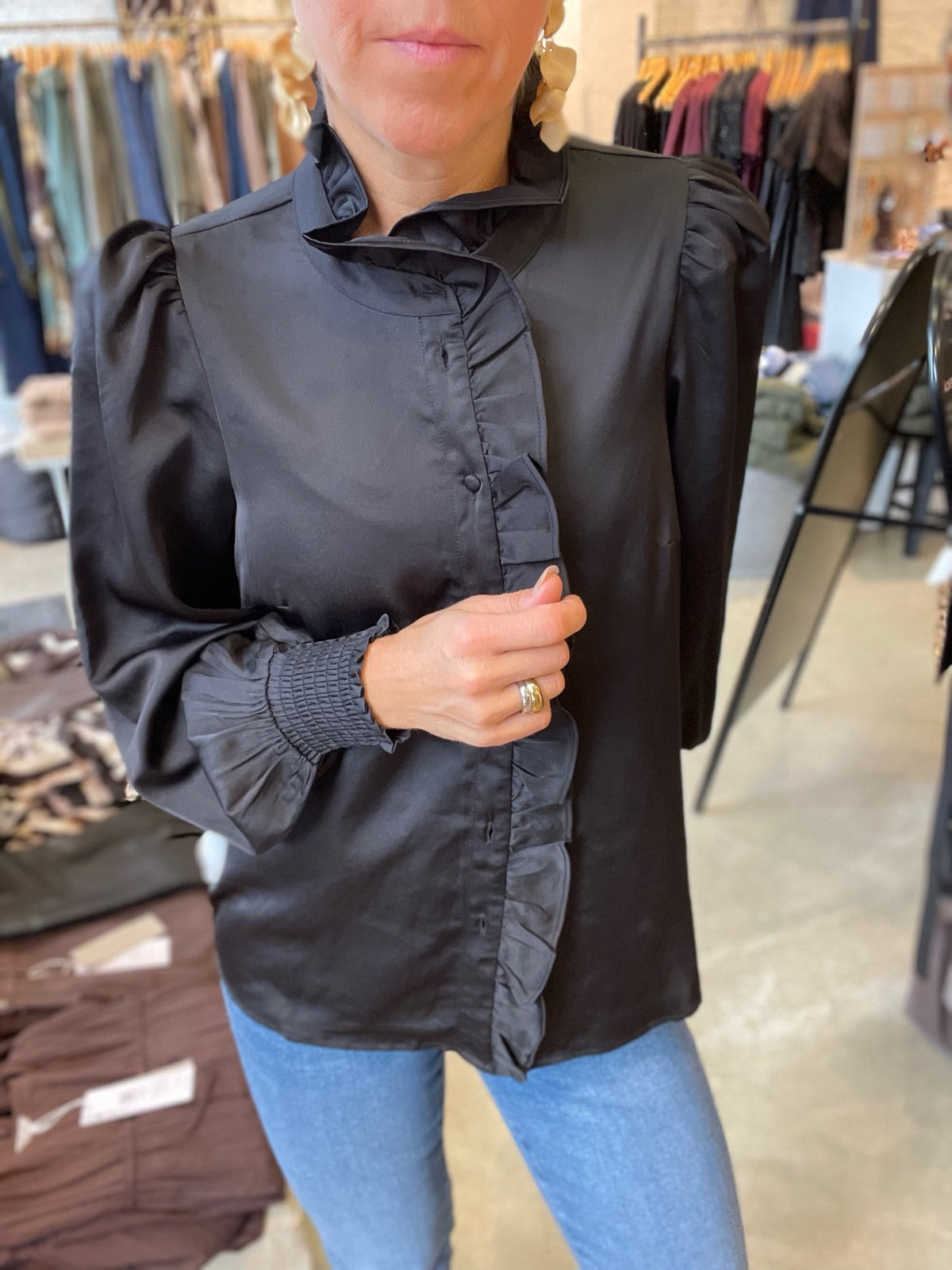 Vilutto Long Sleeve Frill Shirt Black Beauty