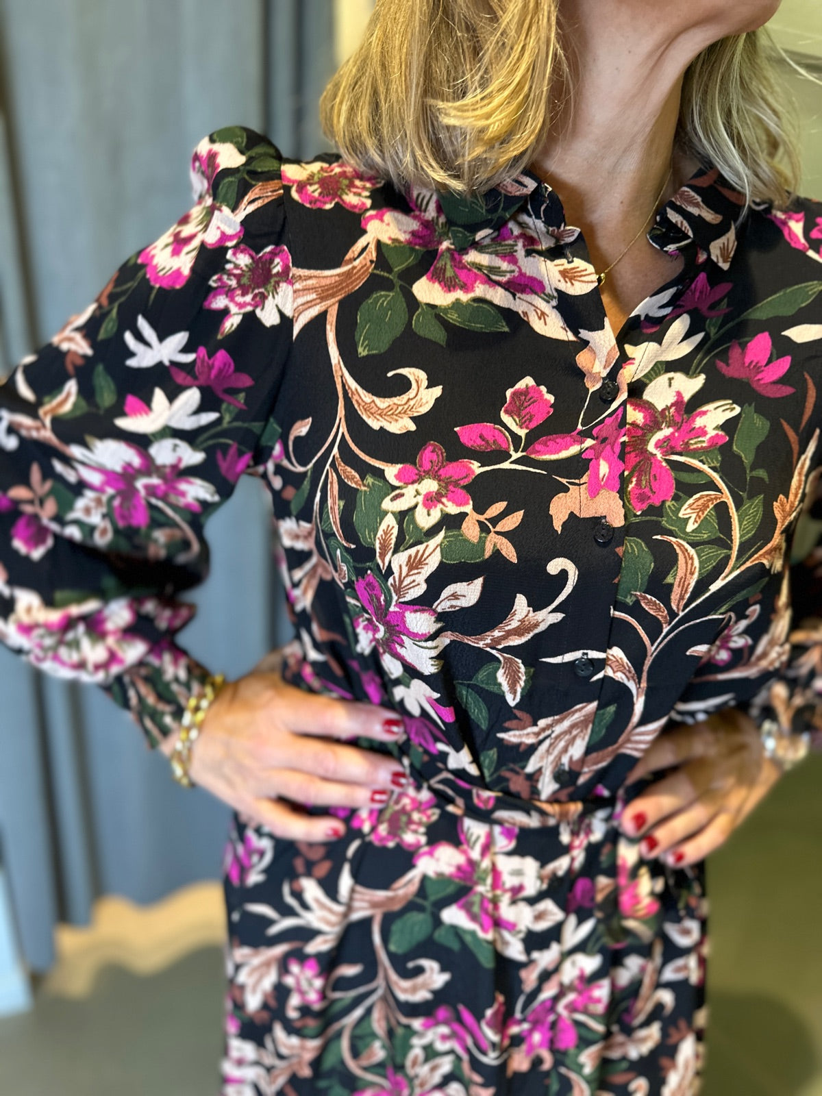 Vimarasi Long Sleeve Midi Shirt Dress Black Multi