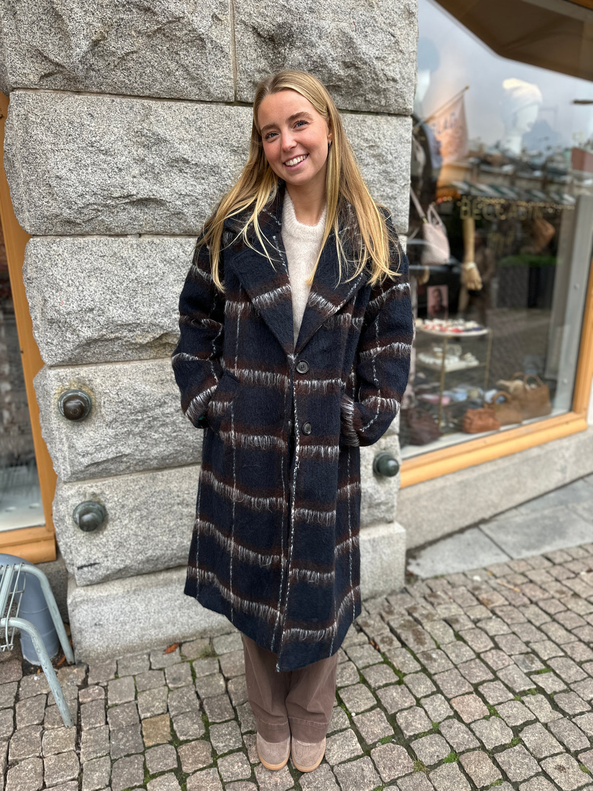 Vimelon Long Sleeve Check Coat Navy Blazer Coffee Beanbirch