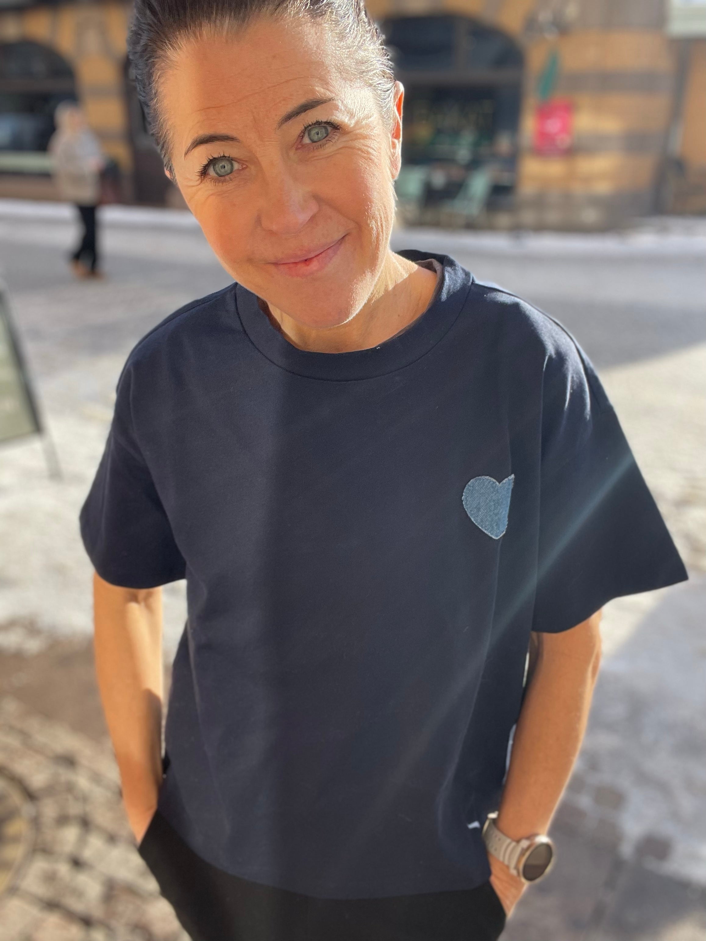 Vimonie Heart O Neck Short Sleeve Top Navy Blazer Light Blue Denim Heart