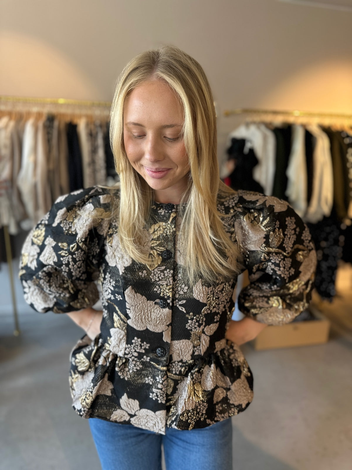 Viothea Peplum Jacquard Top Black Beauty