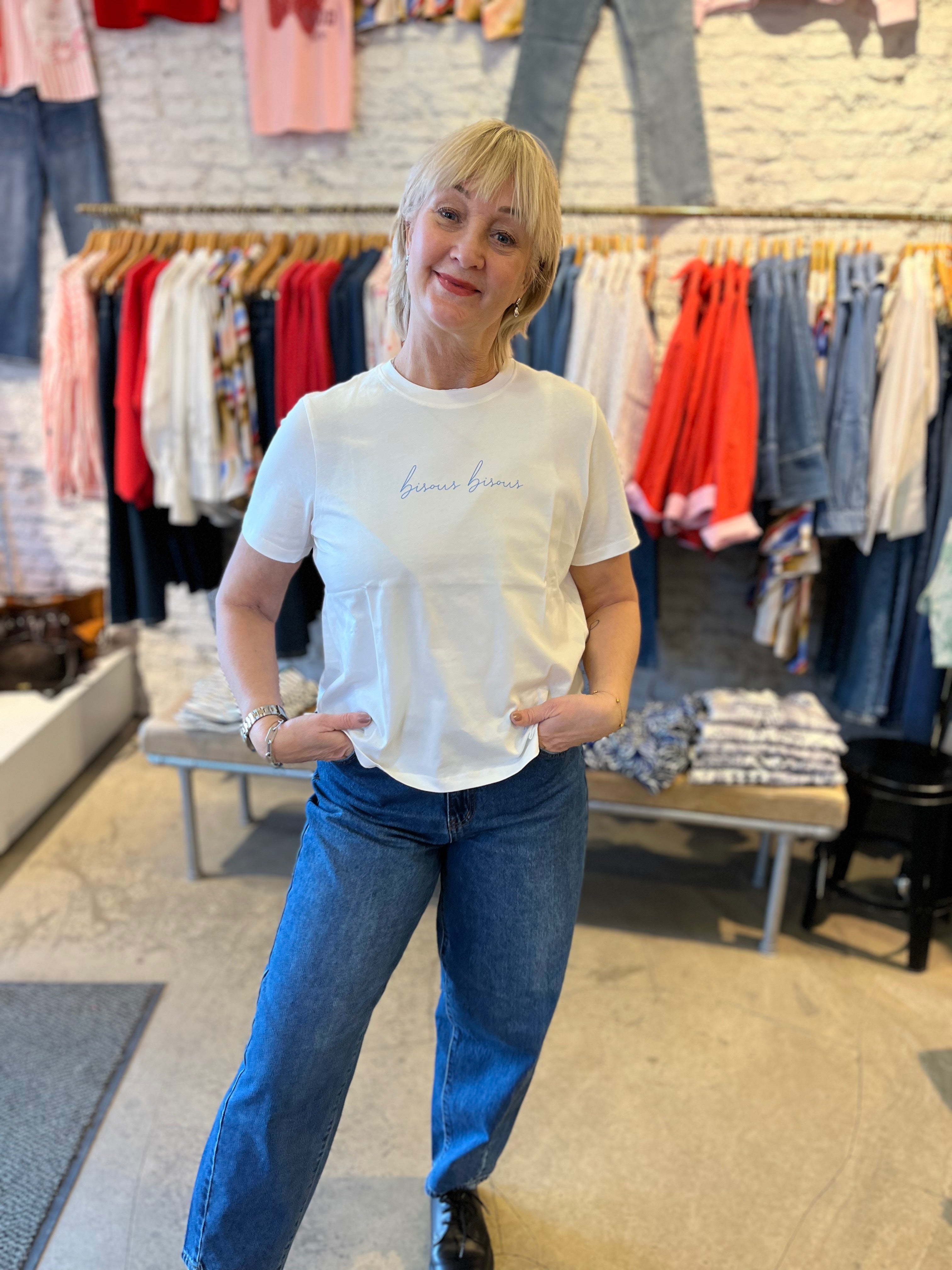 Visybilla French O Neck Short Sleeve Top Snow White Bisous All Aboard