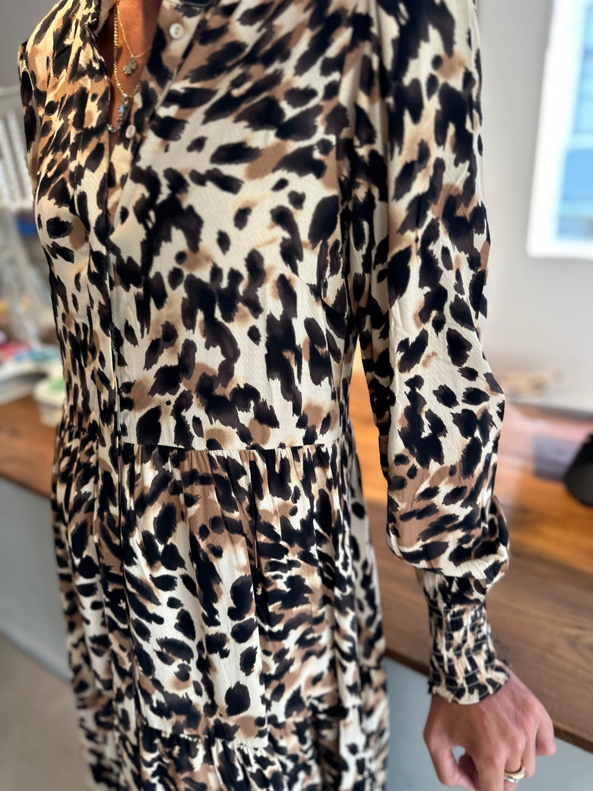 Yasalira Long Sleeve Long Shirt Dress Black Leo Print