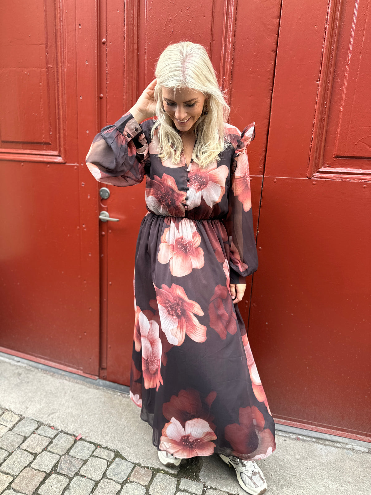 Yasflow Long Sleeve Long Dress Coffee Bean Flow Print