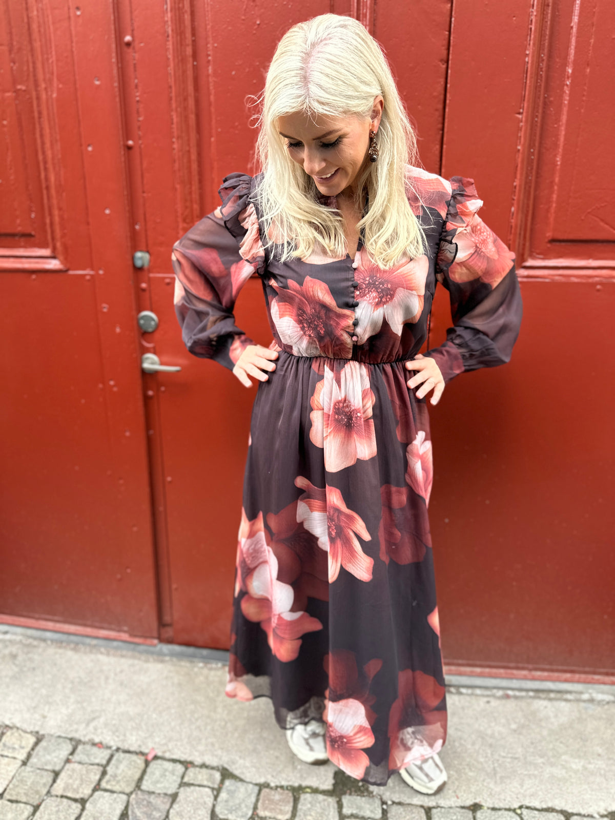 Yasflow Long Sleeve Long Dress Coffee Bean Flow Print