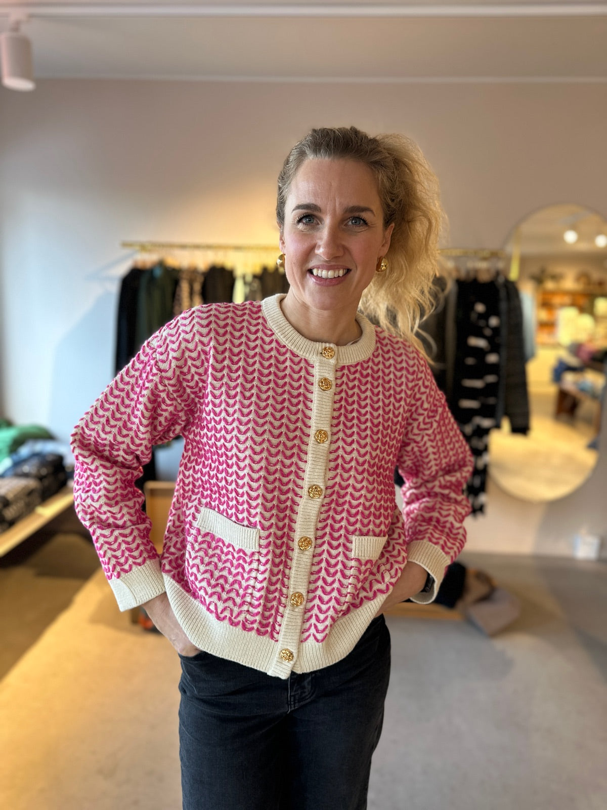 Yasgea Long Sleeve Knit Cardigan Birch Fuchsia Fedora