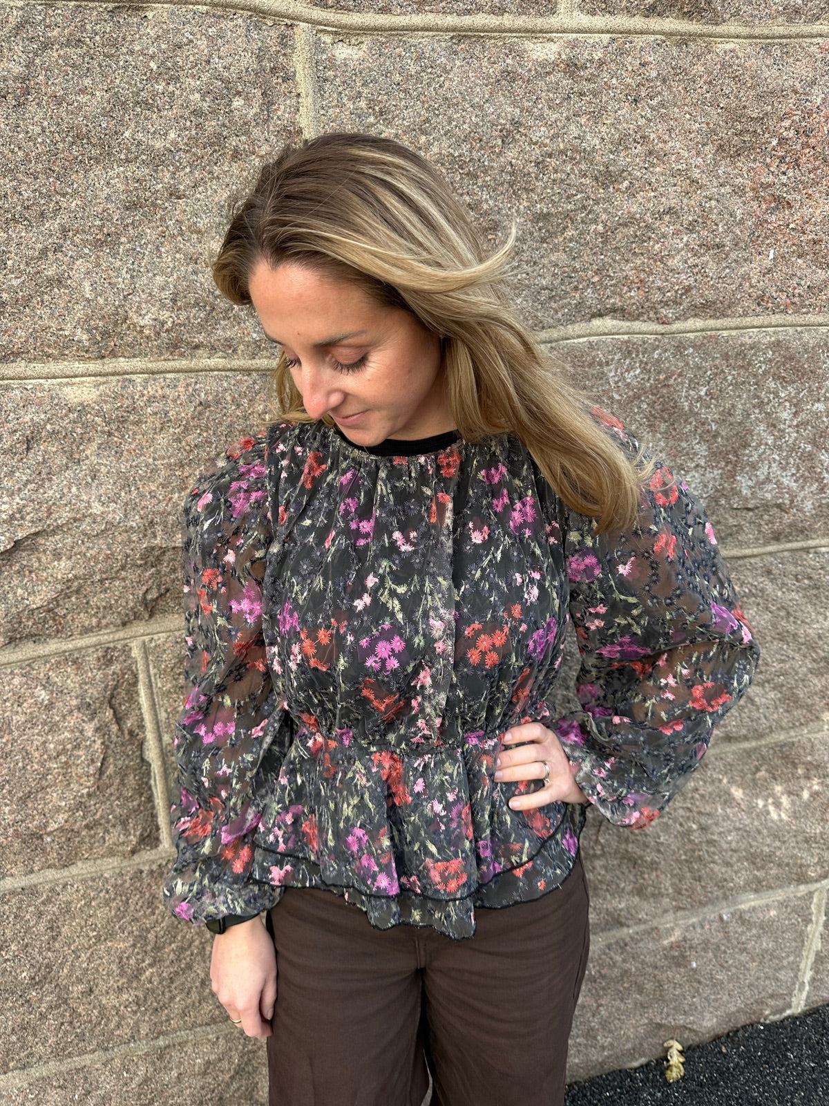 Yasleanna Long Sleeve Top Black Rose Print