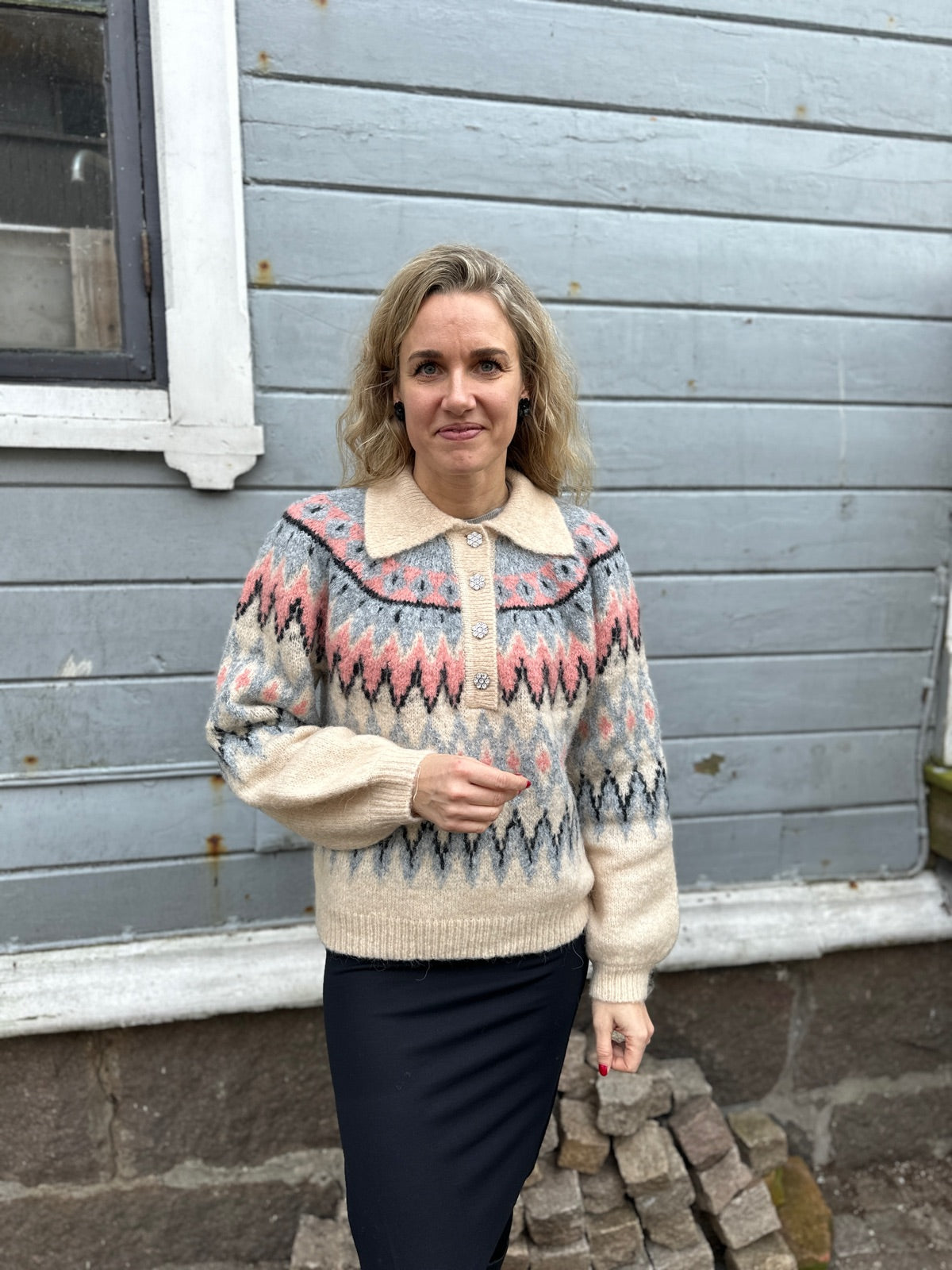 Yasshima Long Sleeve Knit Pullover Sandshell Shima Checks