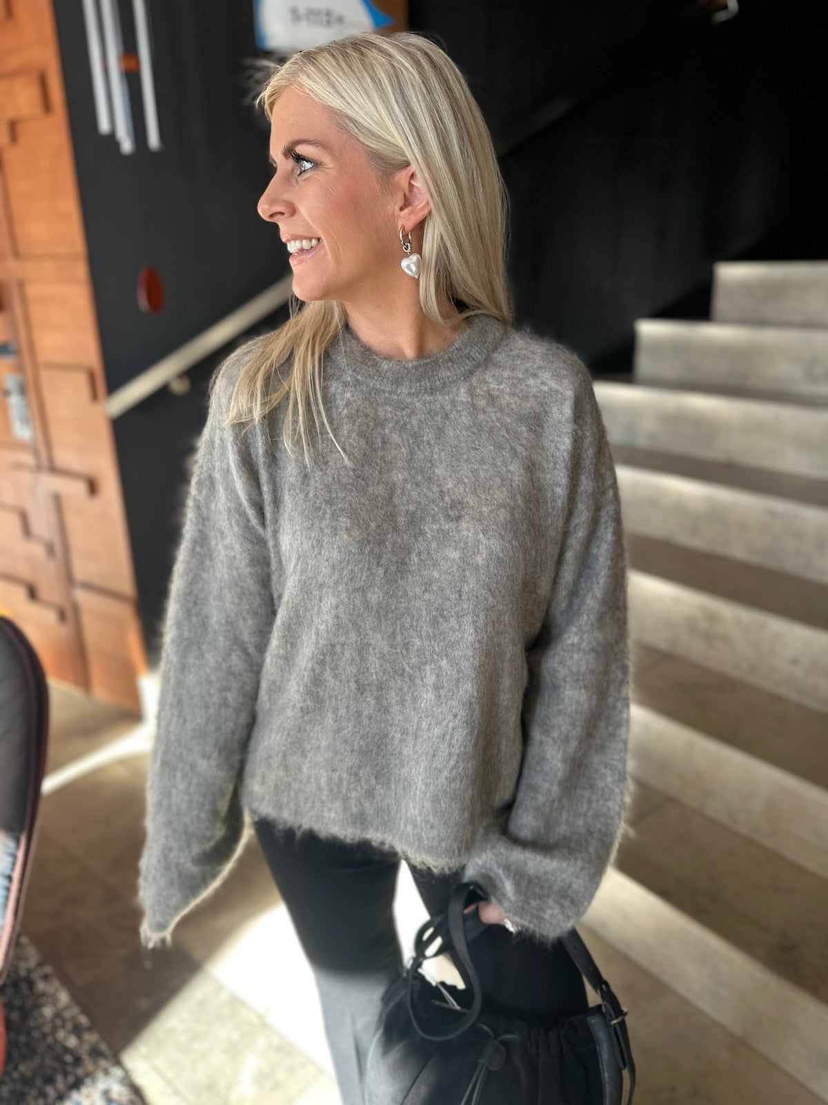 Yastilde Long Sleeve Mohair Blend Pullover Light Grey Melange