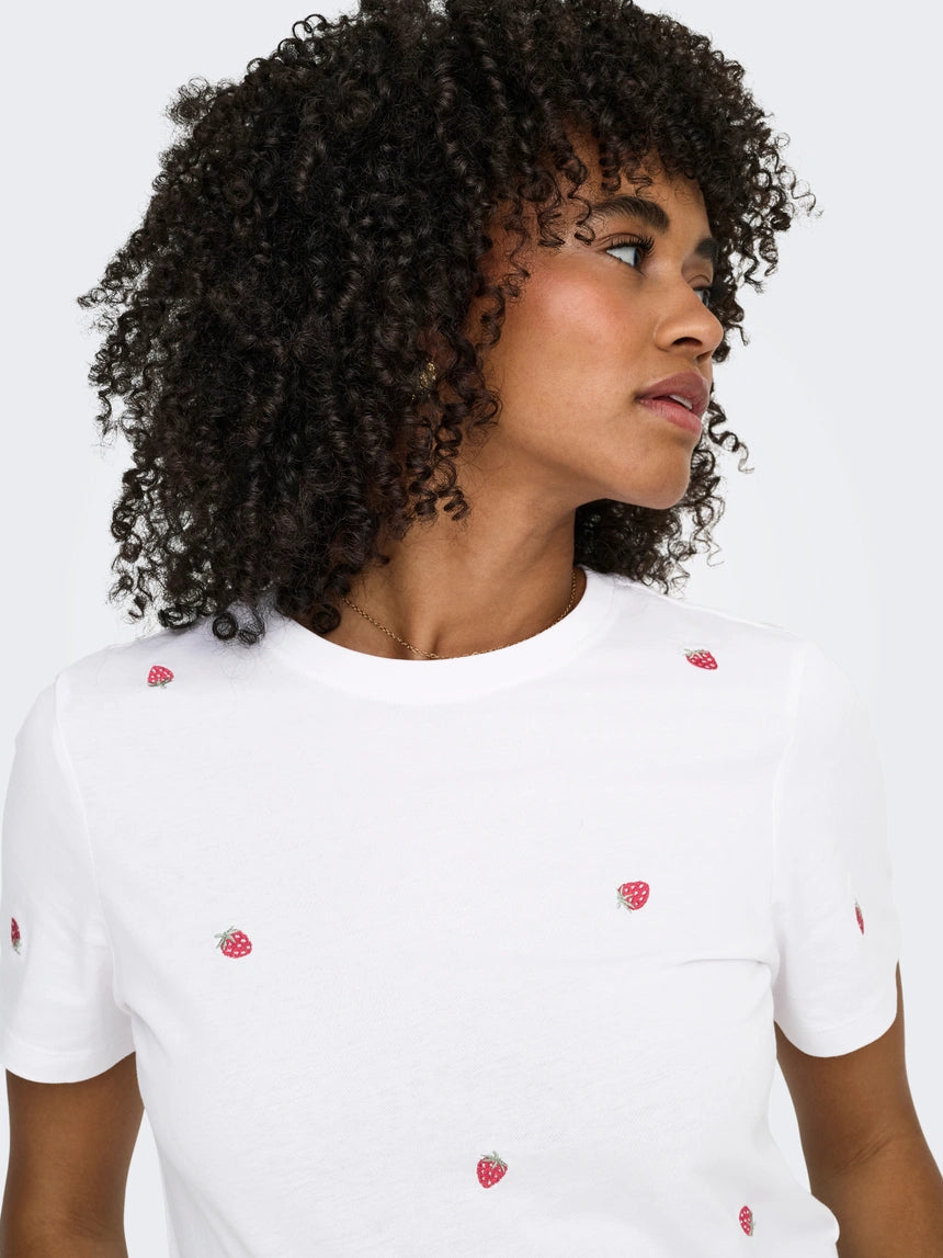 Onlketty Life Short Sleeve O Neck Top Bright White Strawberry