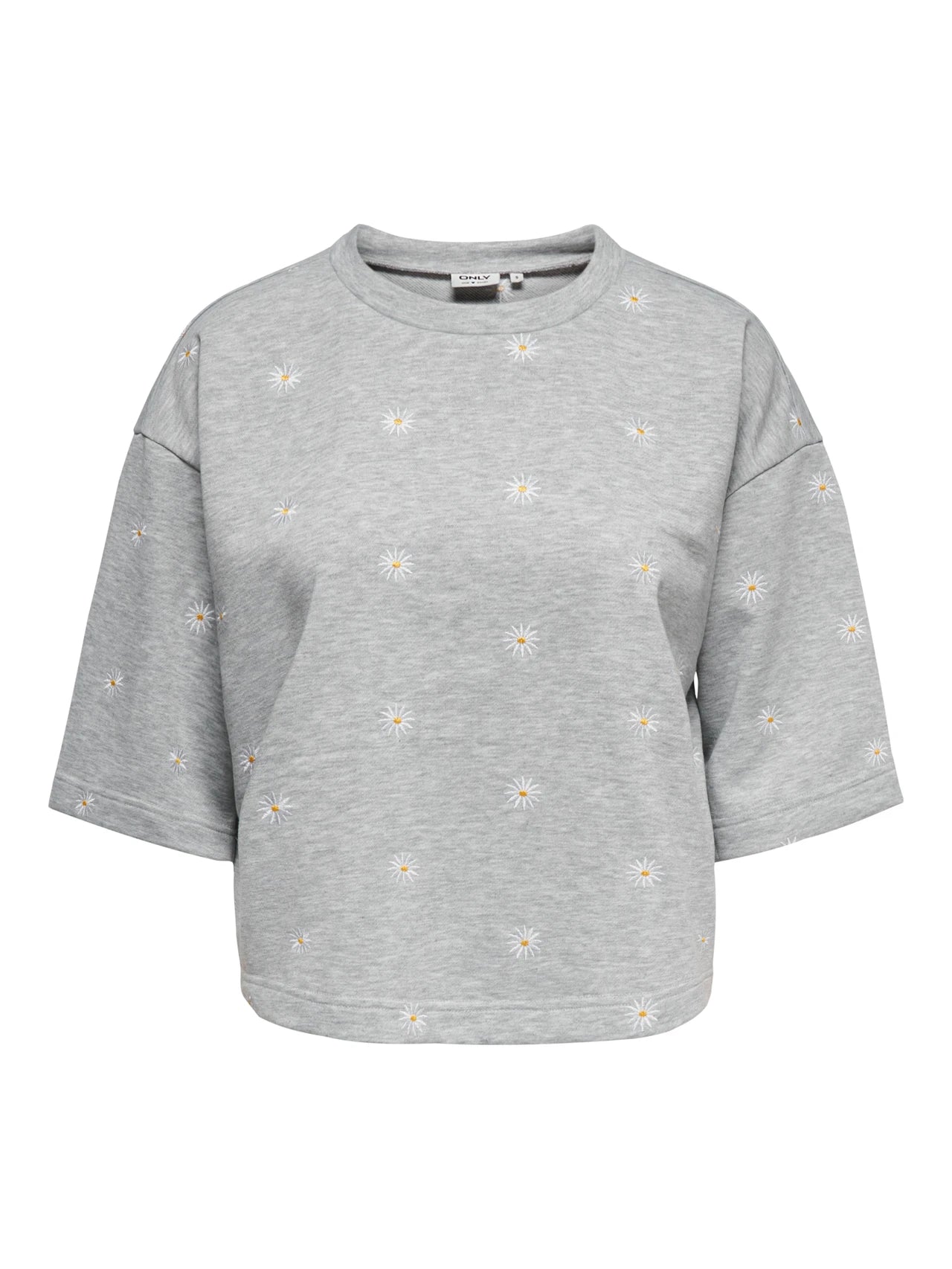 Sweatshirt med rund halsringning och 3/4 ärmar. Grå med vit/gula blommor.