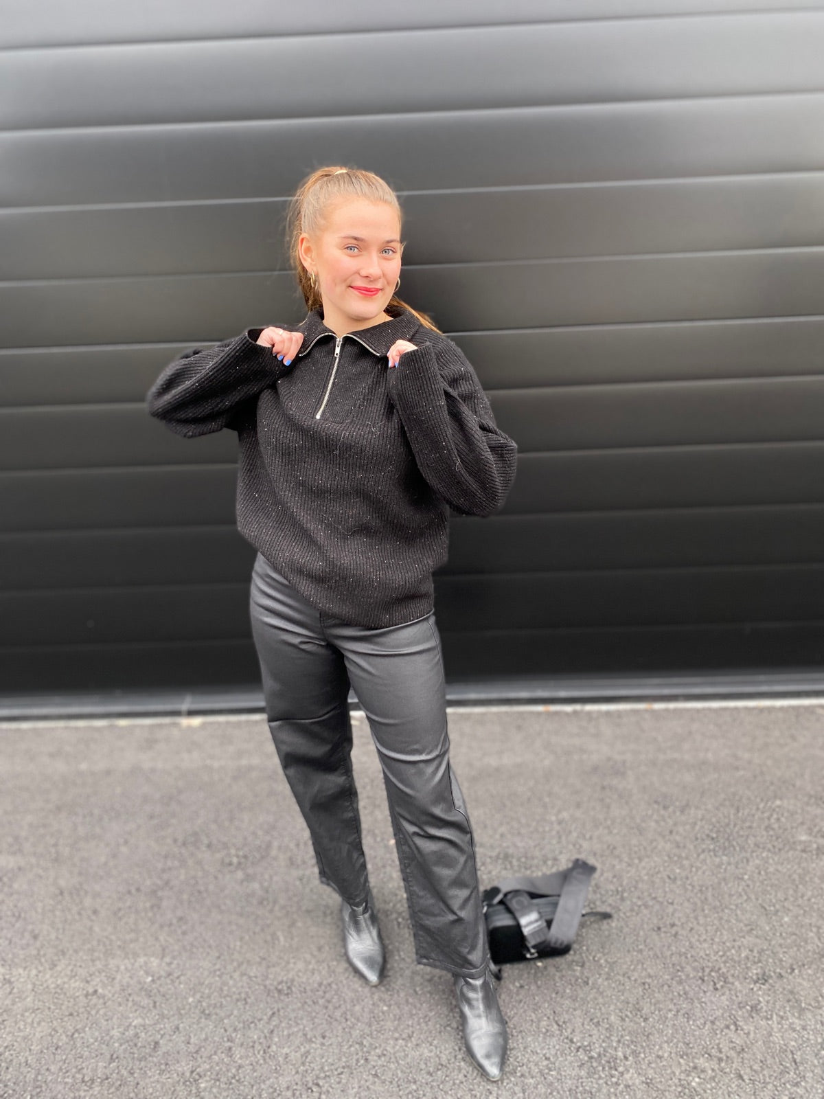 Slfannalisa Long Sleeve Knit Highneck Zipper Black Mix