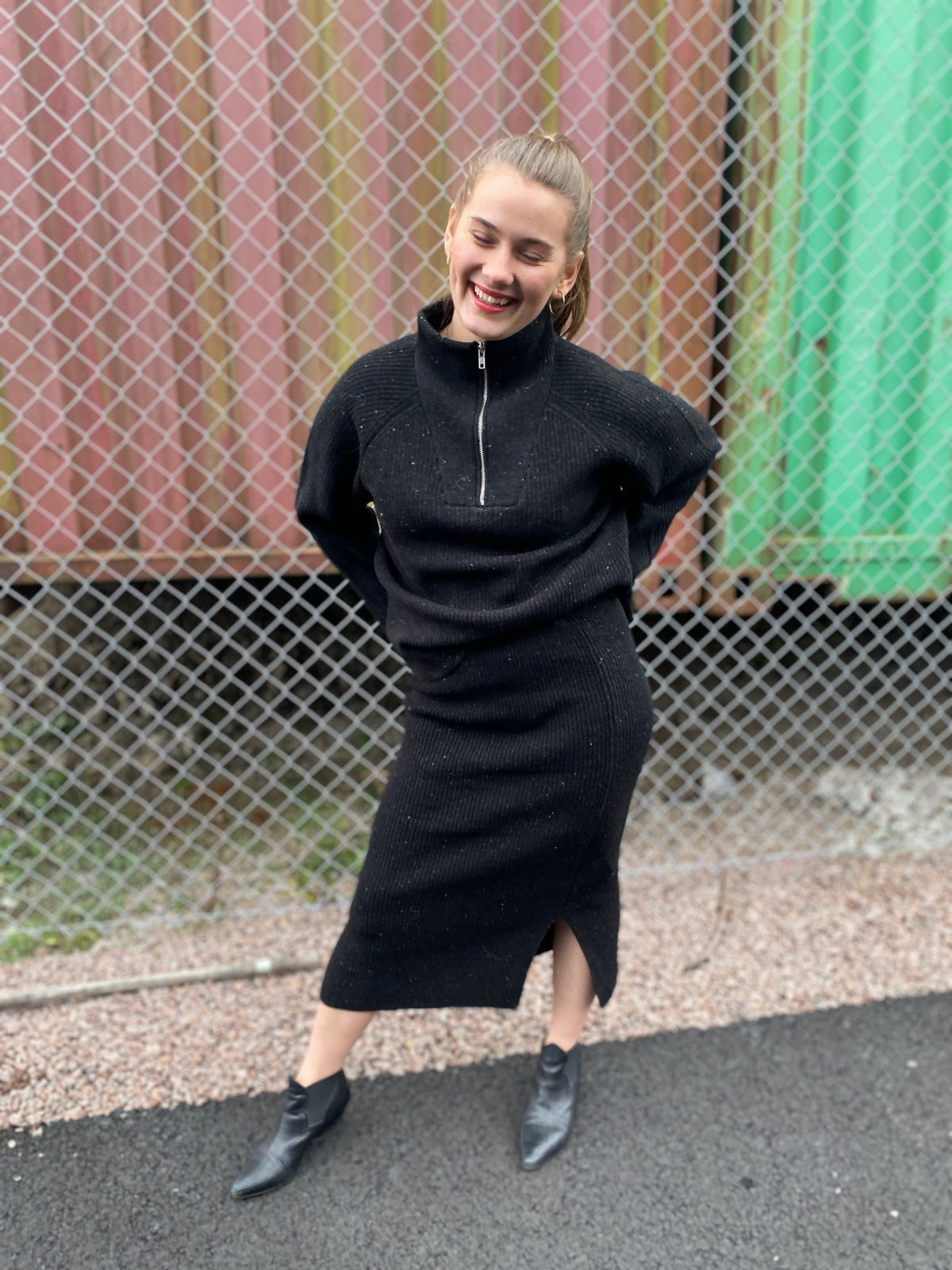 Slfannalisa Long Sleeve Knit Highneck Zipper Black Mix
