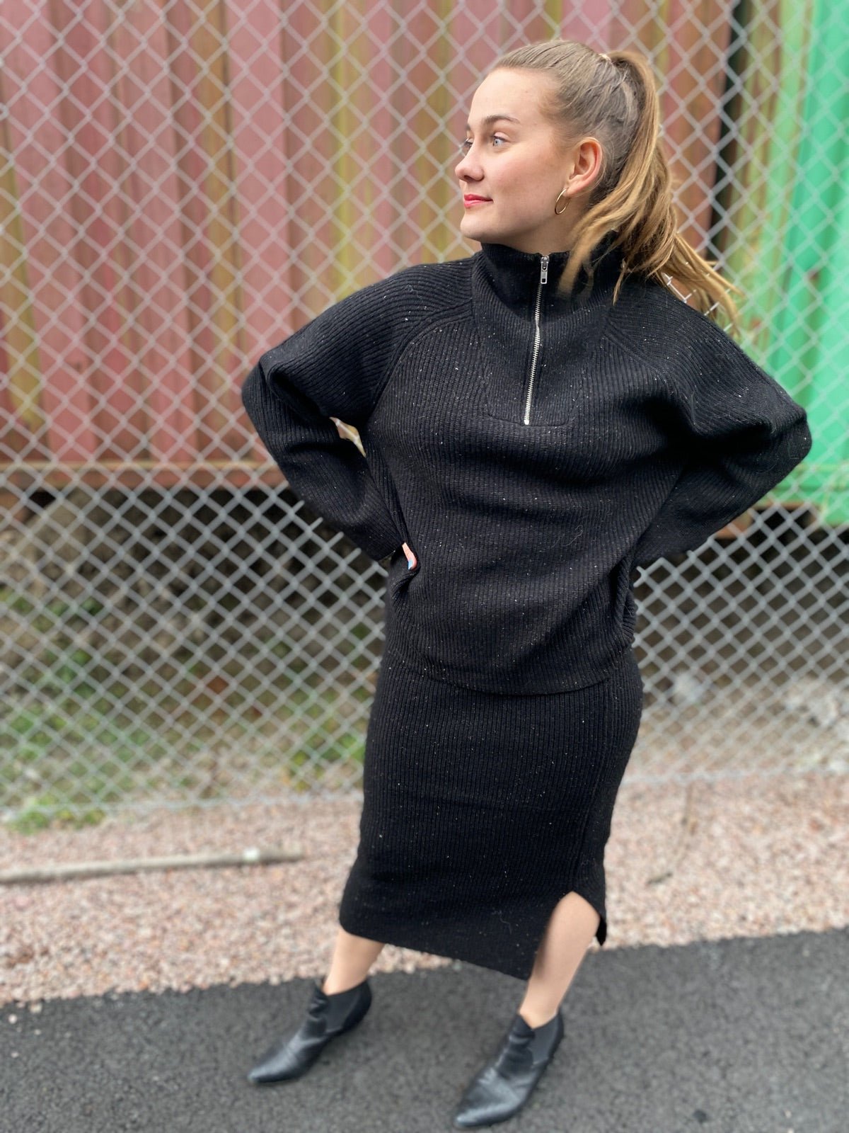 Slfannalisa Long Sleeve Knit Highneck Zipper Black Mix