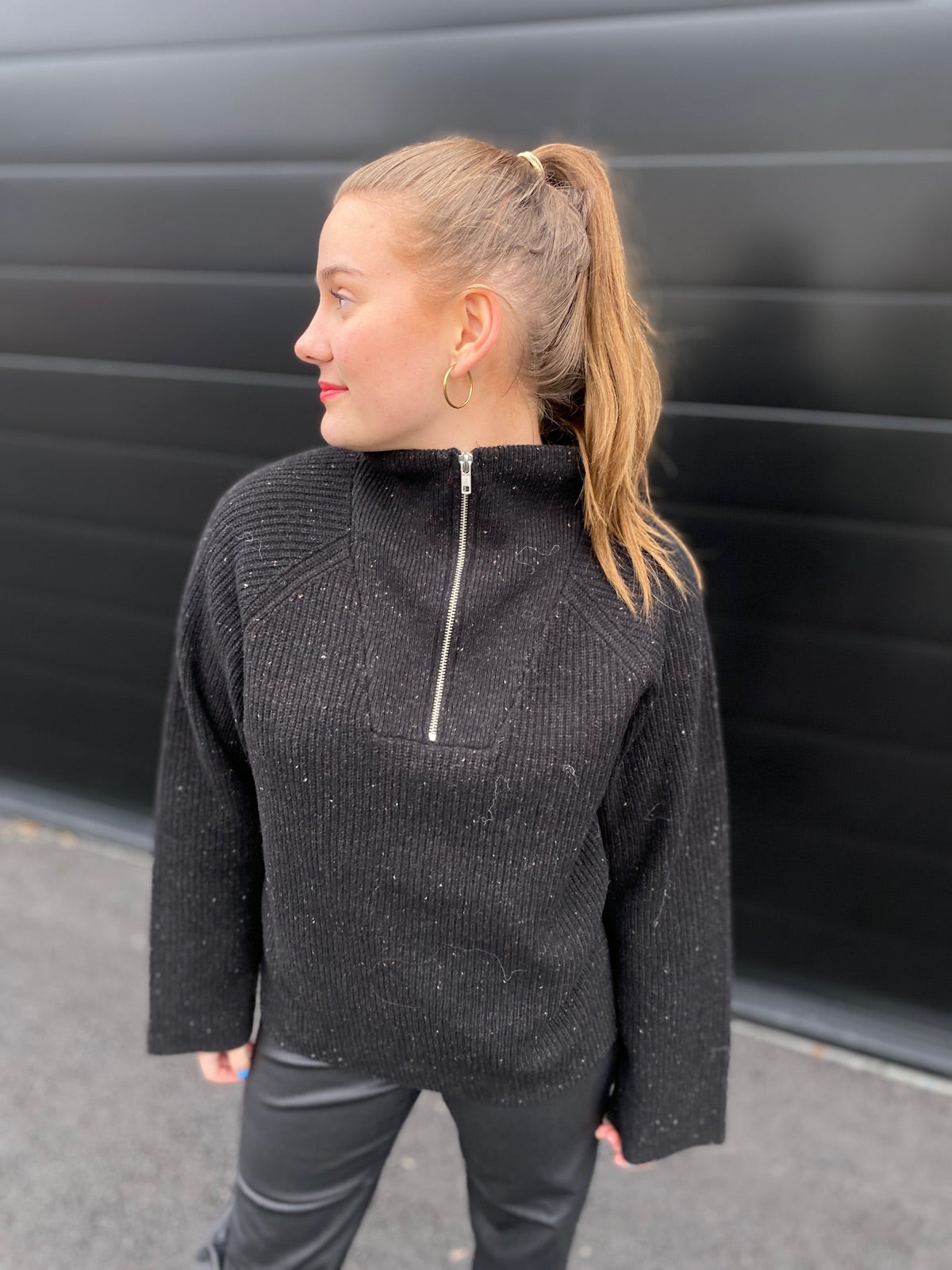 Slfannalisa Long Sleeve Knit Highneck Zipper Black Mix